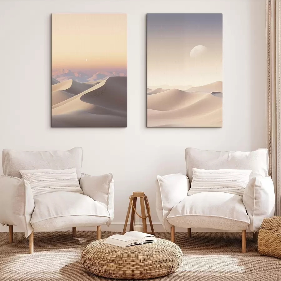 Wandbilder Eine Wüstenlandschaft mit sanften Sanddünen unter einem zarten Pastellhimmel, im Hintergrund entfernte Berge. m30053