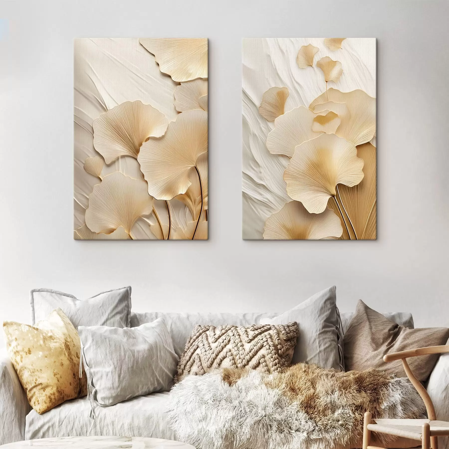 Wandbilder Abstrakte Ginkgoblätter vor einem strukturierten, hellen Hintergrund, elegante und abstrakte Komposition m30054