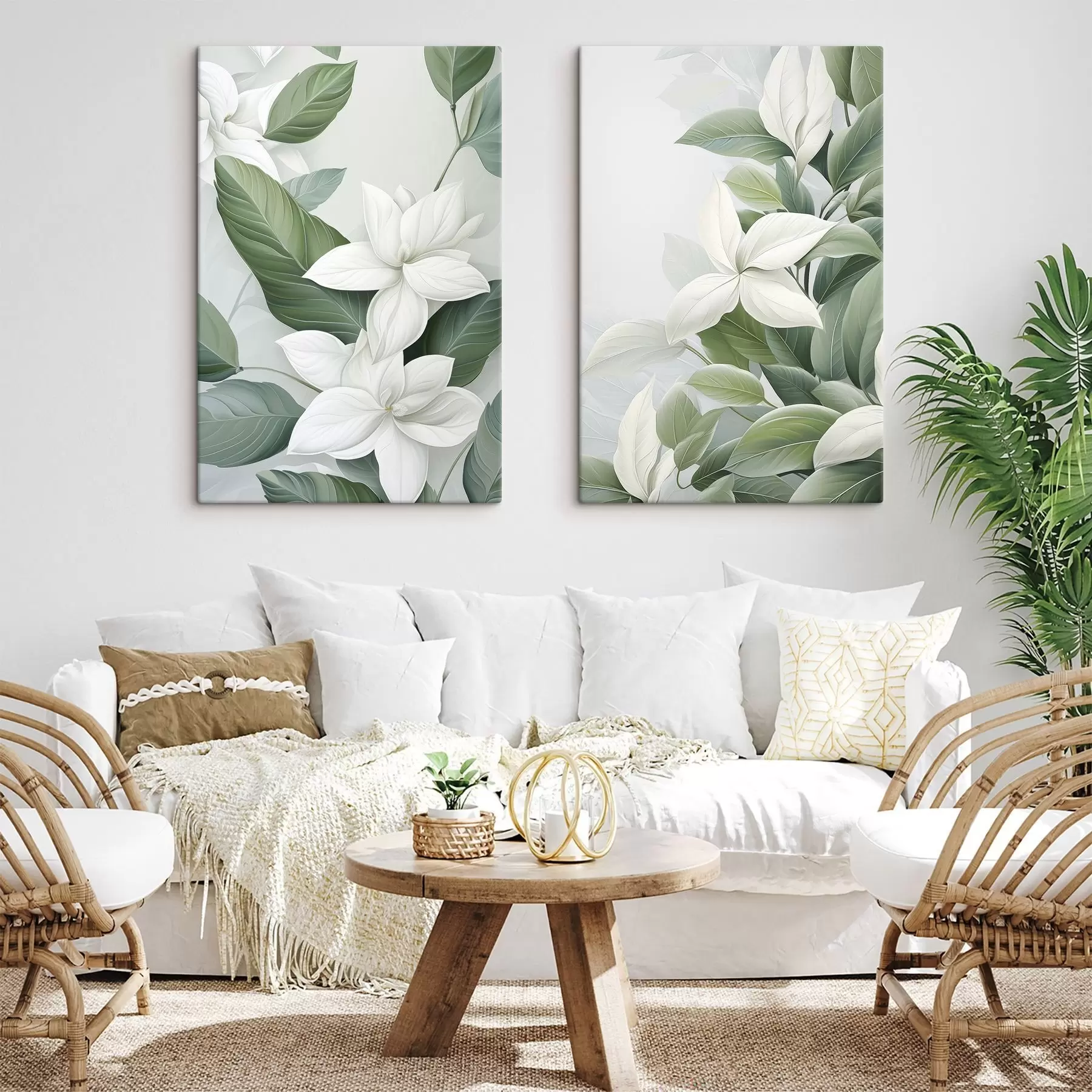 Wandbilder Weiße Blumen mit grünen Blättern, pastellfarbener Hintergrund m30055