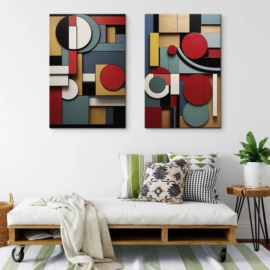 Wandbilder Abstrakte geometrische Komposition mit Holzstrukturimitation, roten, schwarzen, weißen und blaugrünen Rechtecken und Kreisen m30058