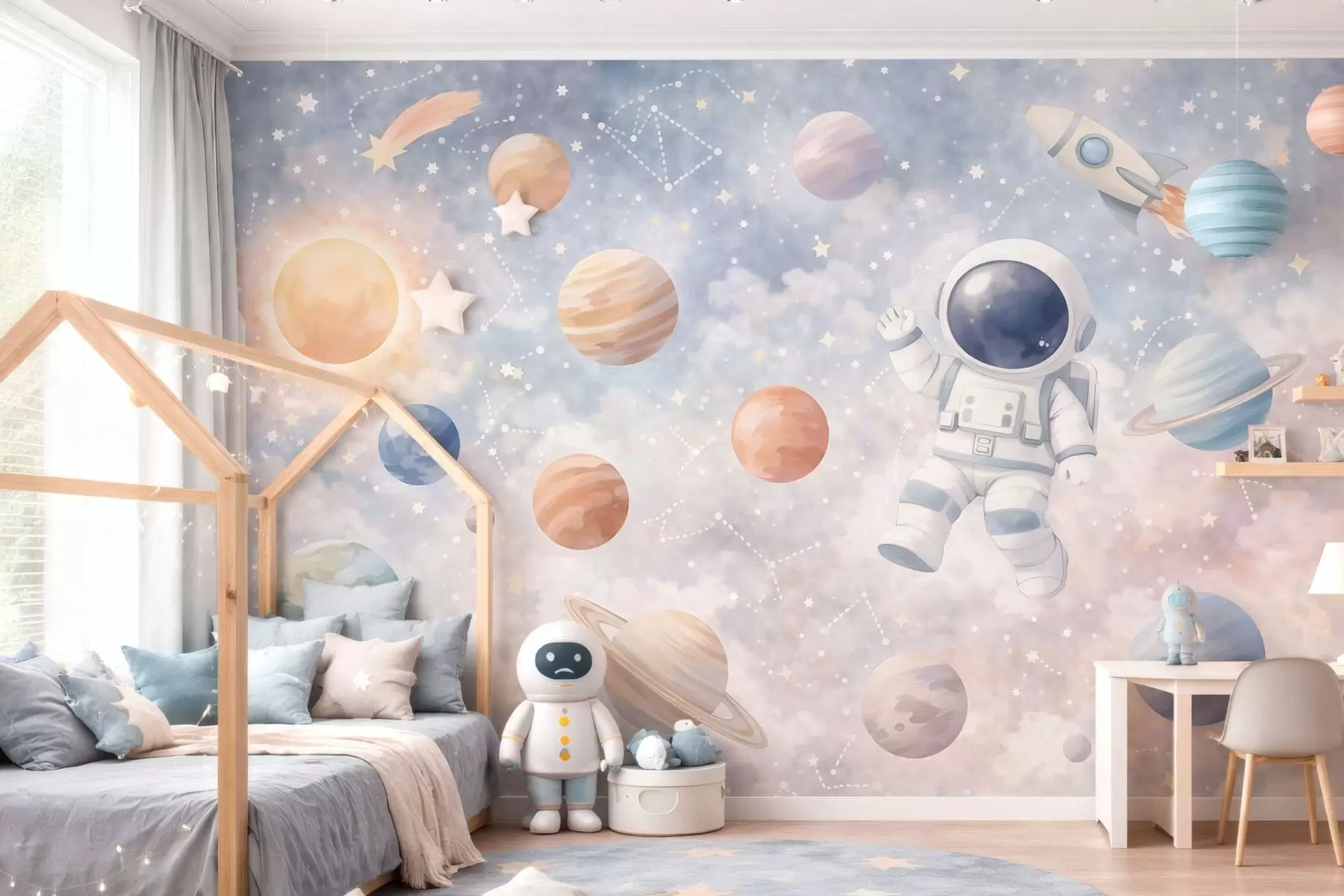 Fototapete ein kleiner Astronaut zwischen Planeten und Sternen w05233
