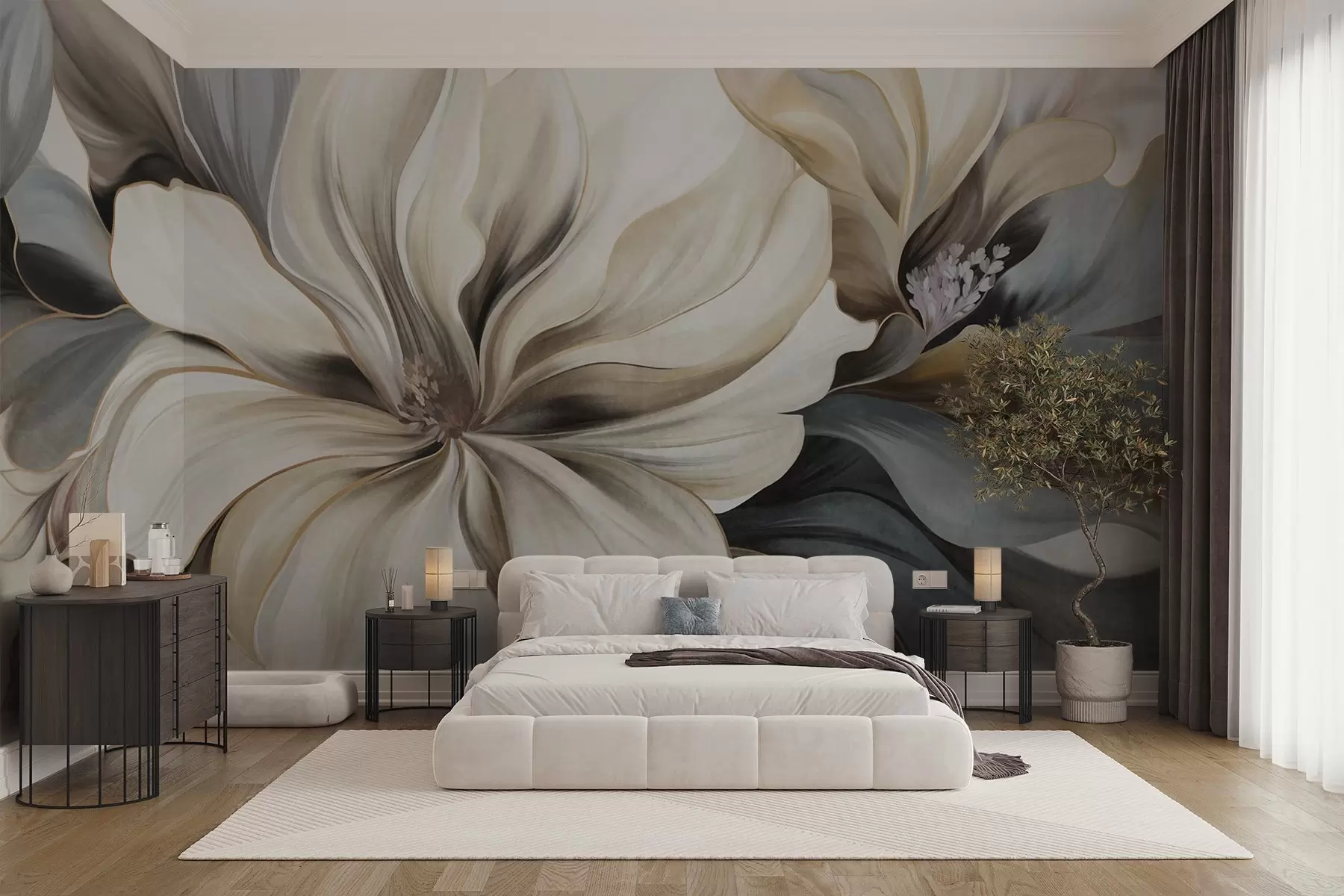 Fototapete Große, cremefarbene Magnolienblüten mit braunen und grauen Blättern, sanfte Beleuchtung, abstrakter Hintergrund w09749