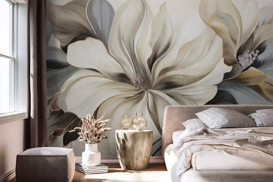 Fototapete Große, cremefarbene Magnolienblüten mit braunen und grauen Blättern, sanfte Beleuchtung, abstrakter Hintergrund w09749