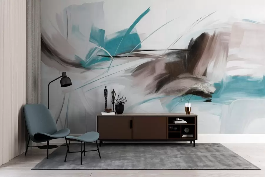 Fototapete Abstrakter Malstil mit braunen und blauen strukturierten Pinselstrichen w09755v1