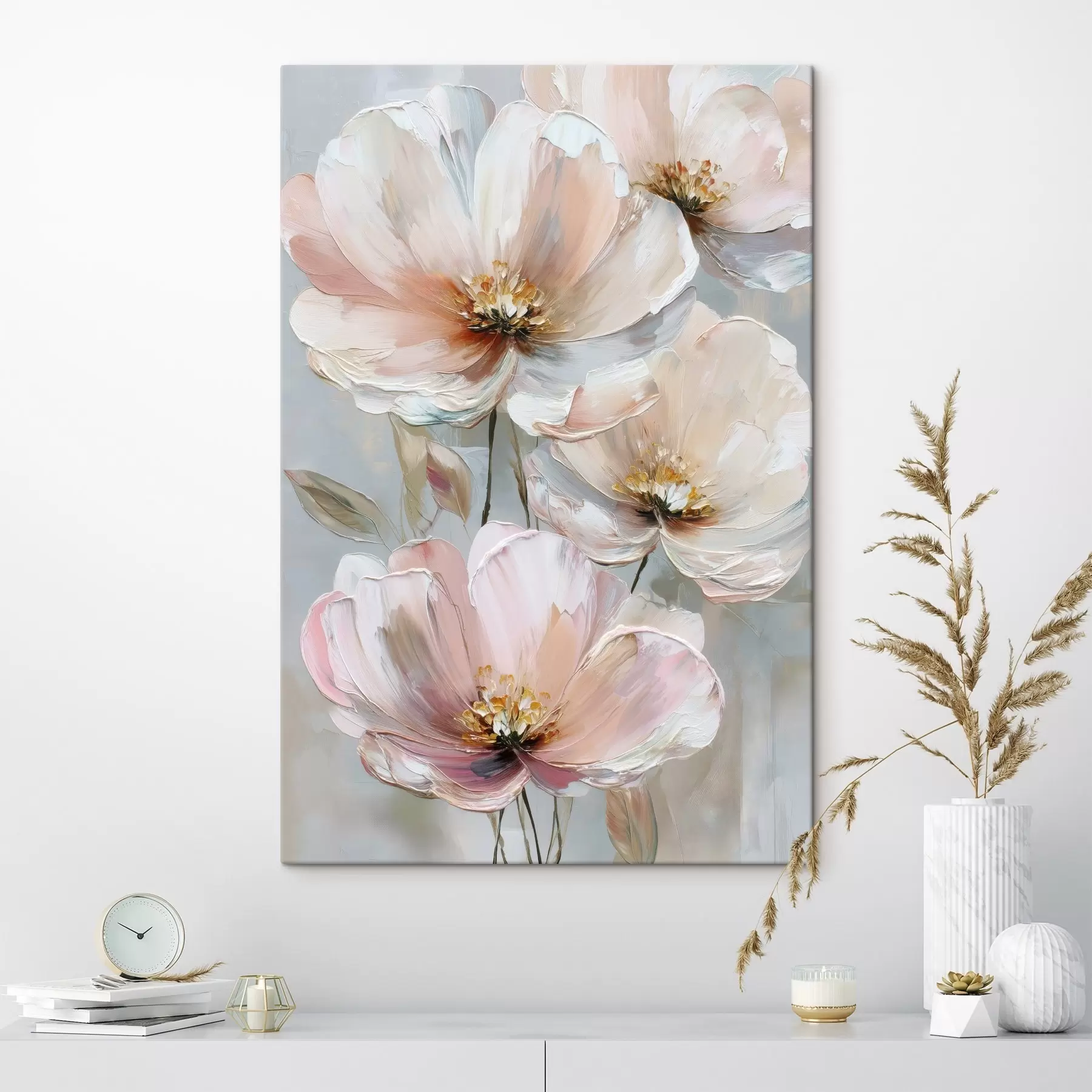 Wandbilder Weiß-rosa Blüten mit ausdrucksstarken Pinselstrichen im Stil eines Ölgemäldes s47962