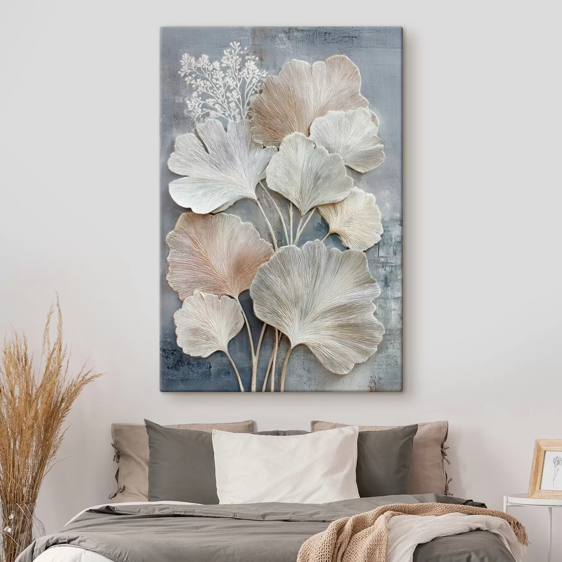 Wandbilder Abstrakte Blumenkomposition in einer beige-blauen Farbpalette s47963