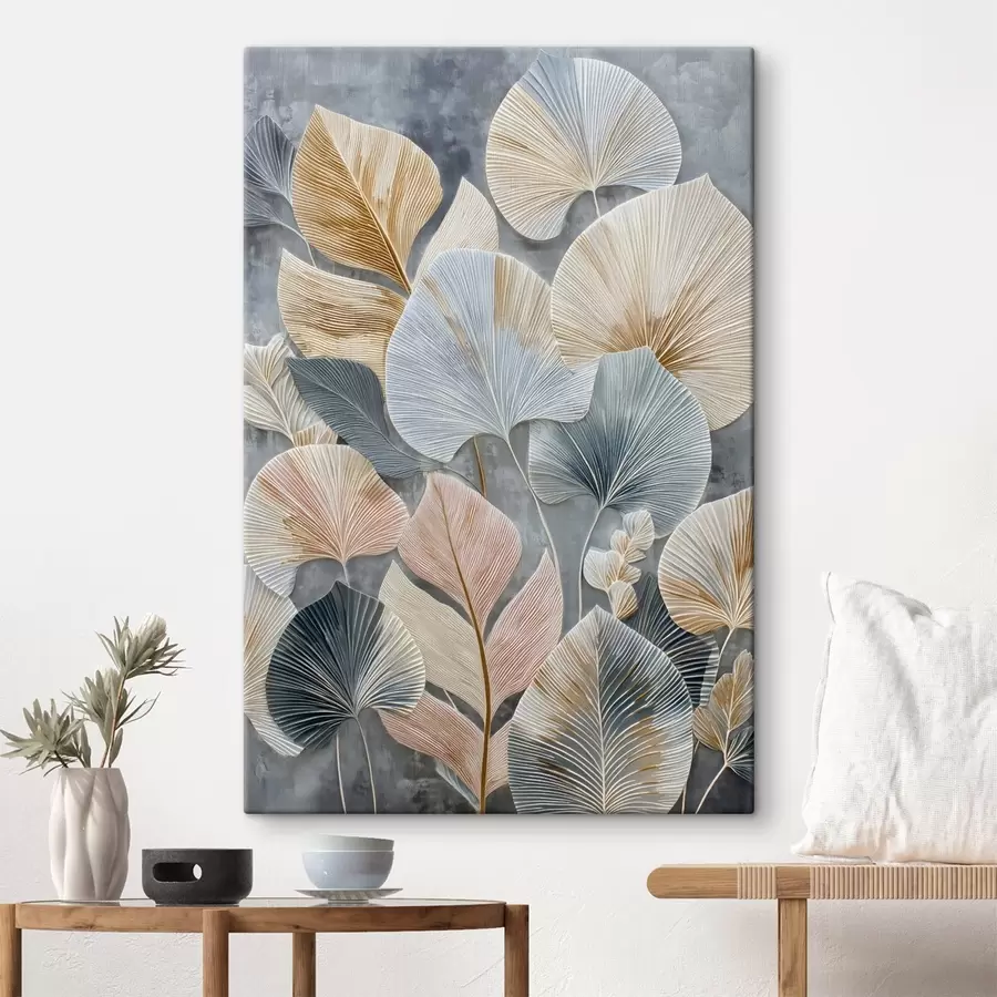 Wandbilder Buntes dekoratives Blattwerk mit ausgeprägter Textur auf dunklem Hintergrund s47964