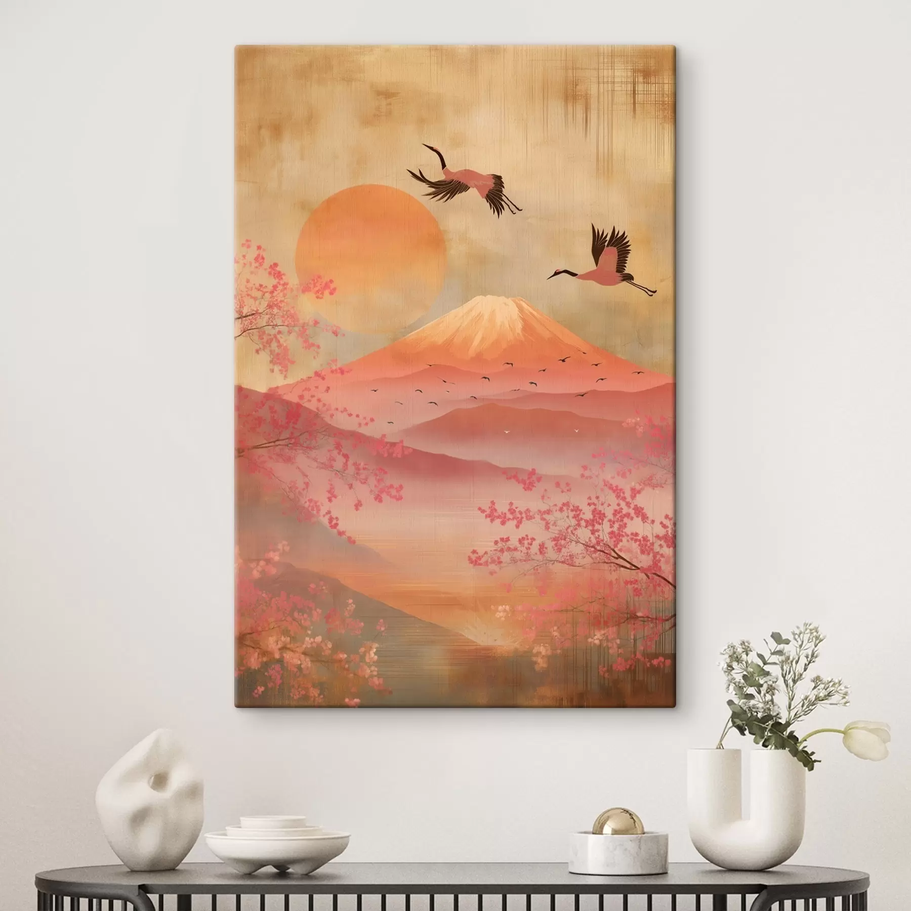 Wandbilder Kräne vor der Sonne und den Bergen: Illustration im digitalen Kunststil s47992