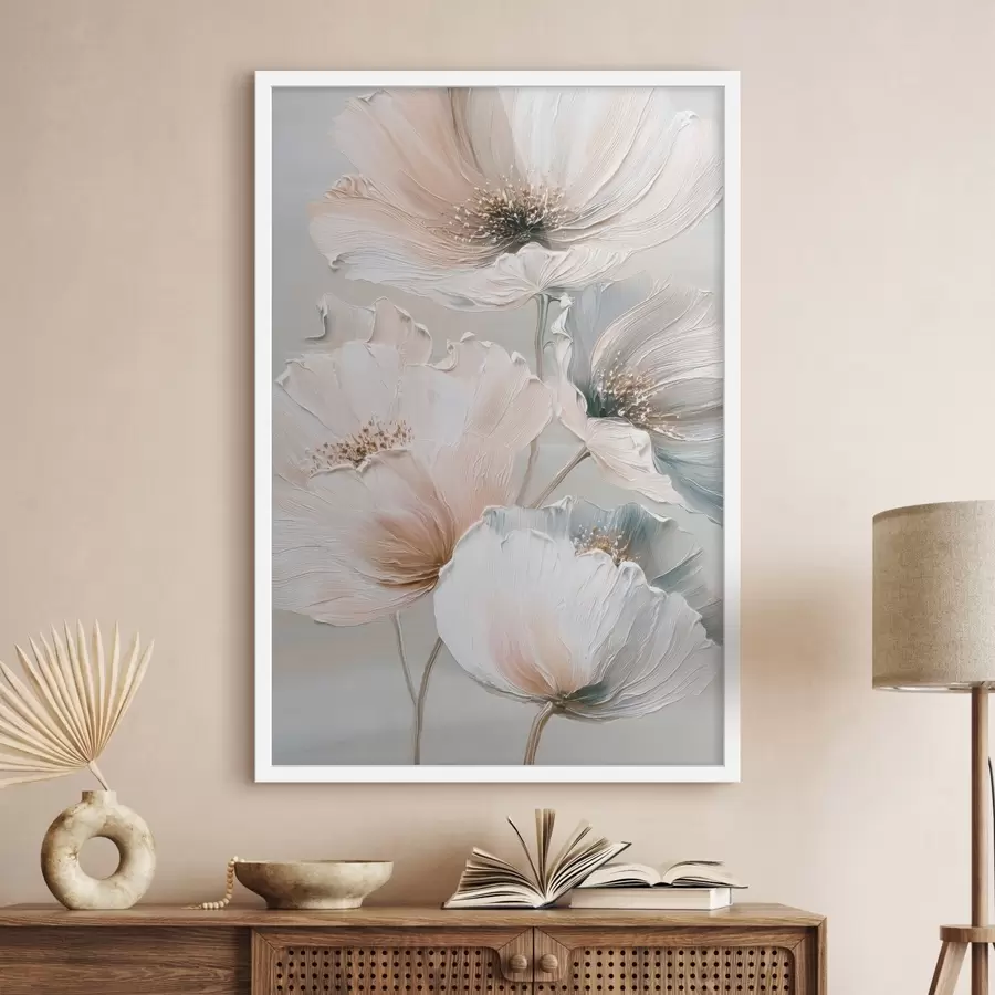 Fototapete Blumenkomposition mit strukturierten Pinselstrichen in einer beige-rosa Farbpalette f47961