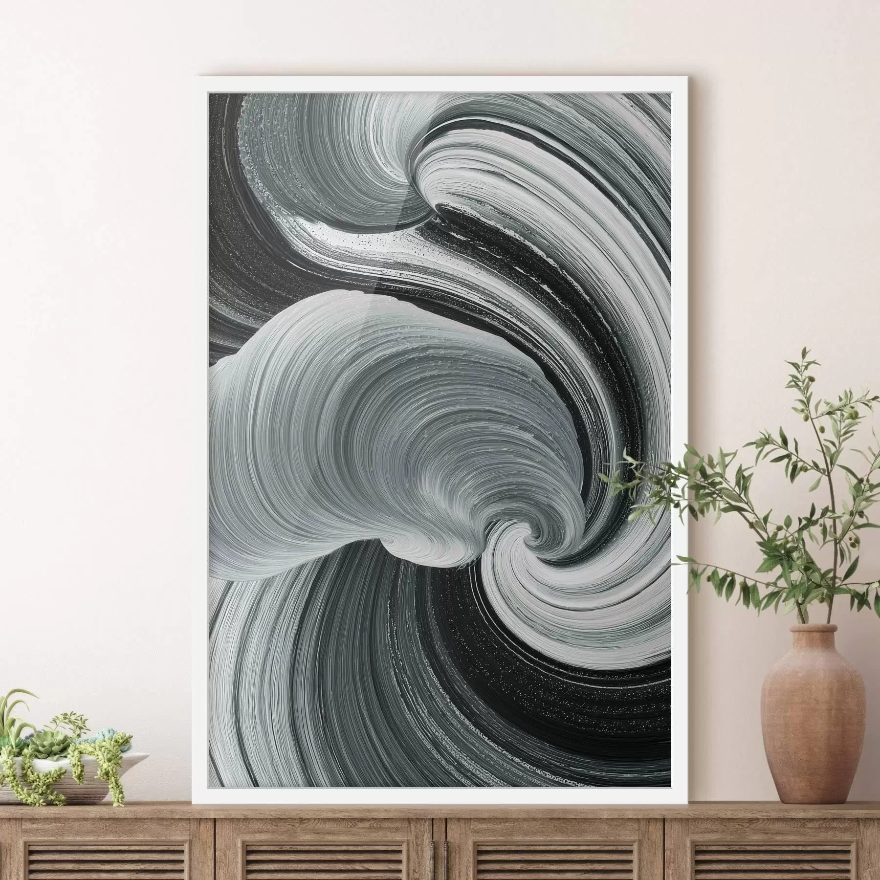 Fototapete Bewegungsenergie: Schwarz-Weiß-Abstraktes im Stil eines Ölgemäldes f47990