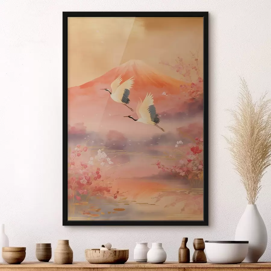 Fototapete Traditionelles orientalisches Motiv mit Kirschblüten und Kranichen f47991