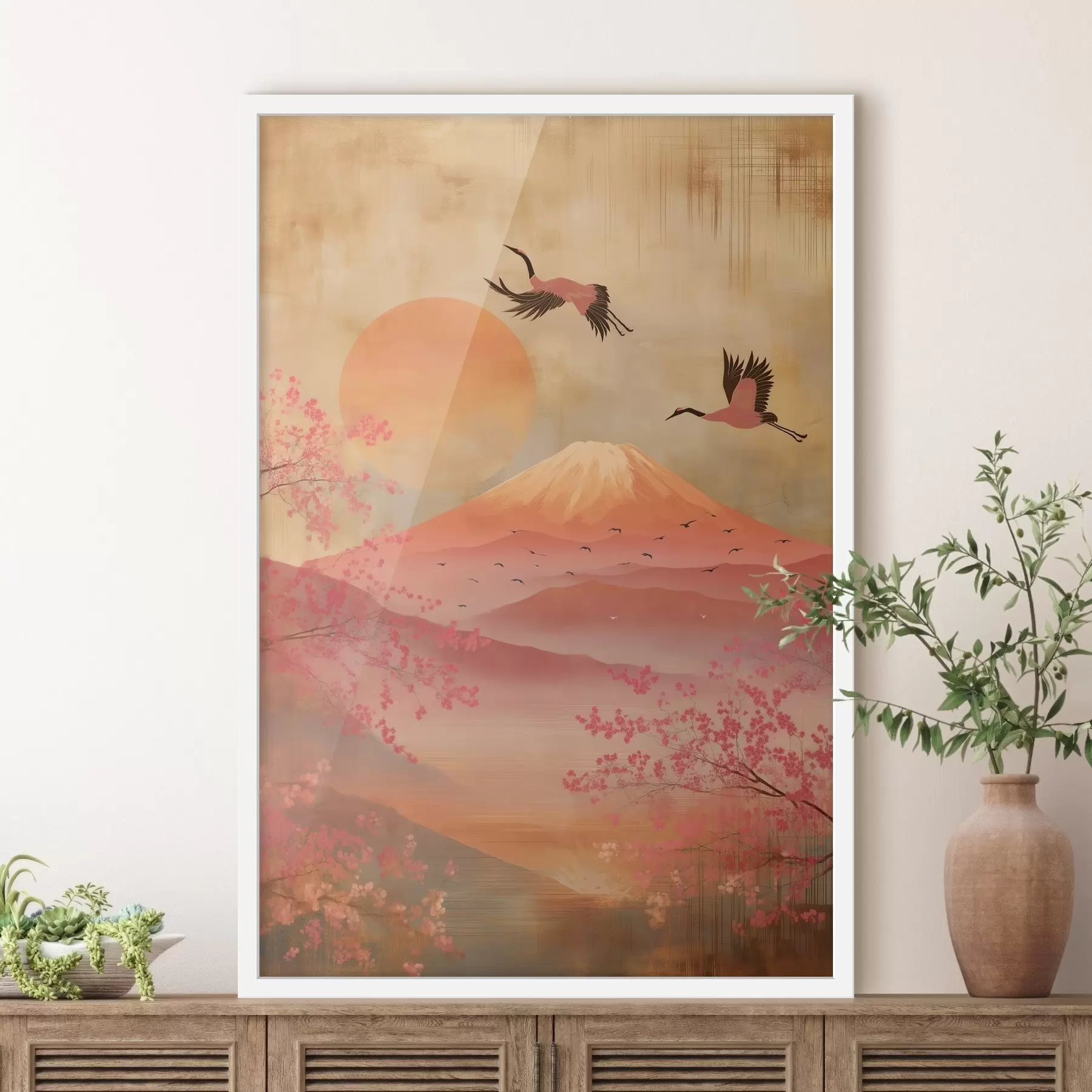 Fototapete Kräne vor der Sonne und den Bergen: Illustration im digitalen Kunststil f47992