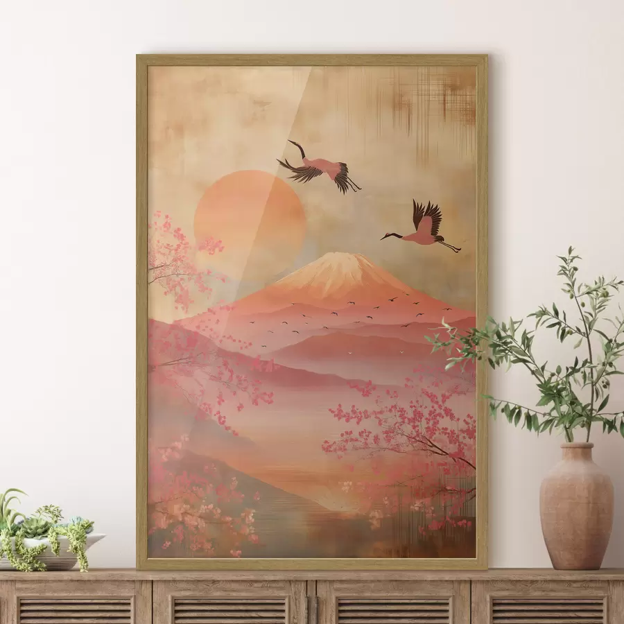 Fototapete Kräne vor der Sonne und den Bergen: Illustration im digitalen Kunststil f47992