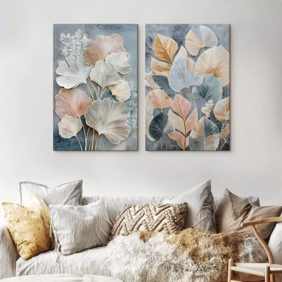 Wandbilder Abstrakte Komposition mit dekorativem Blattwerk in einer grau-beigen Farbpalette m30030