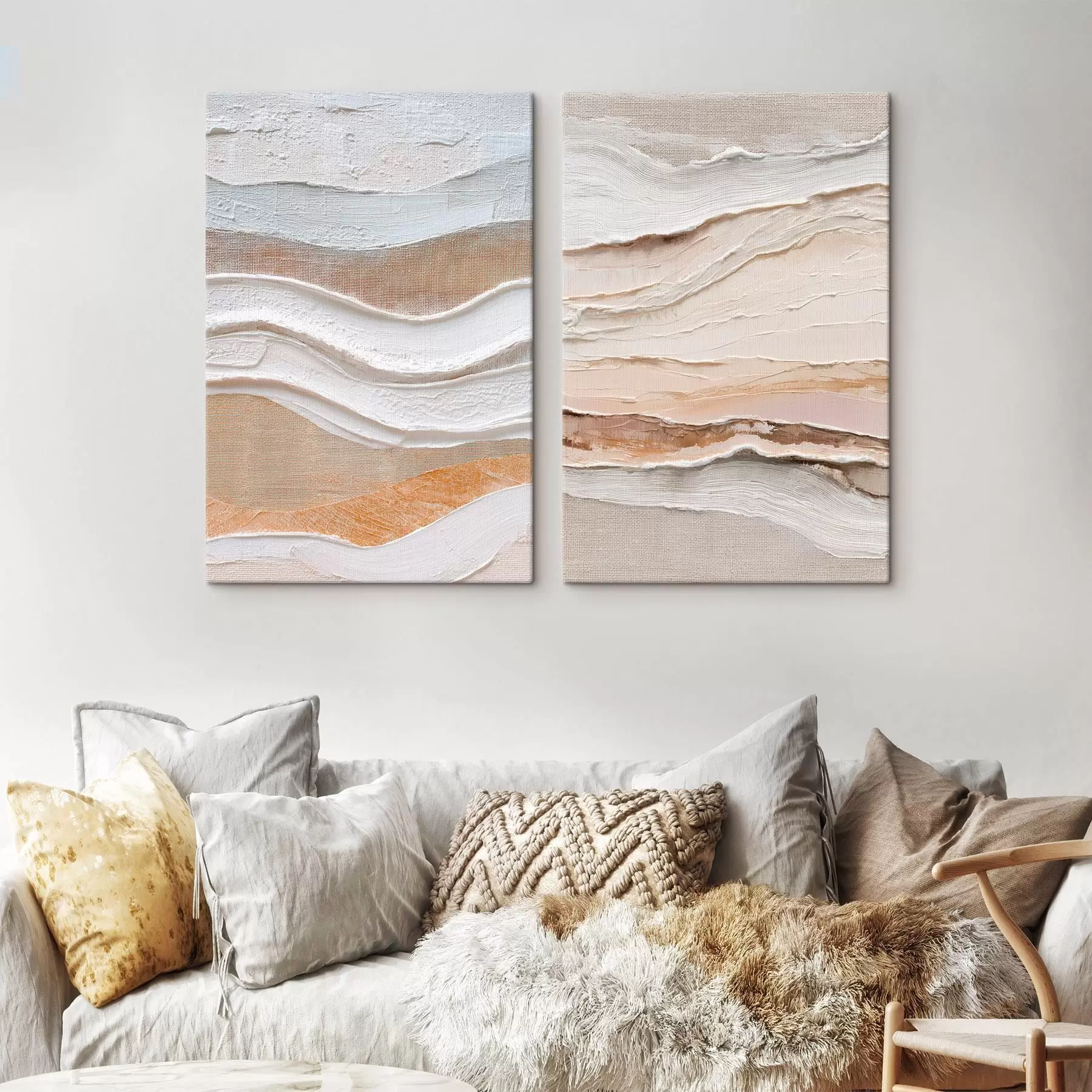 Wandbilder Minimalistisches Diptychon mit strukturierten Wellen auf Leinenhintergrund m30031