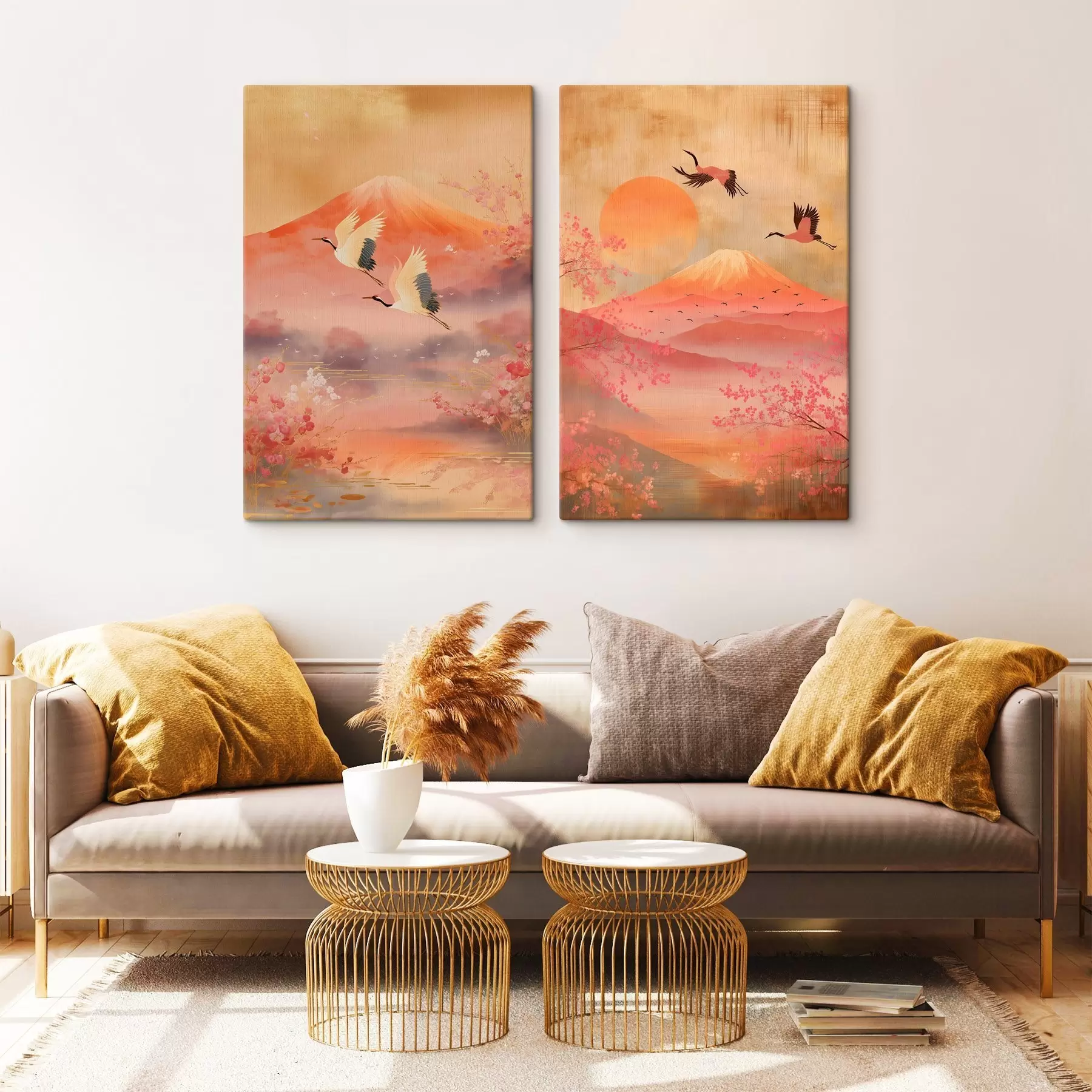 Wandbilder Japanische Landschaft mit Kranichen und dem Berg Fuji in klassischem Illustrationsstil m30042