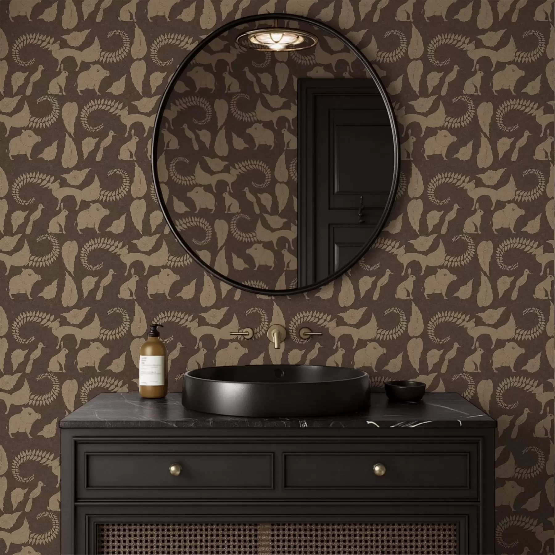 Fototapete Waldmuster mit Tieren auf braunem Hintergrund a01121