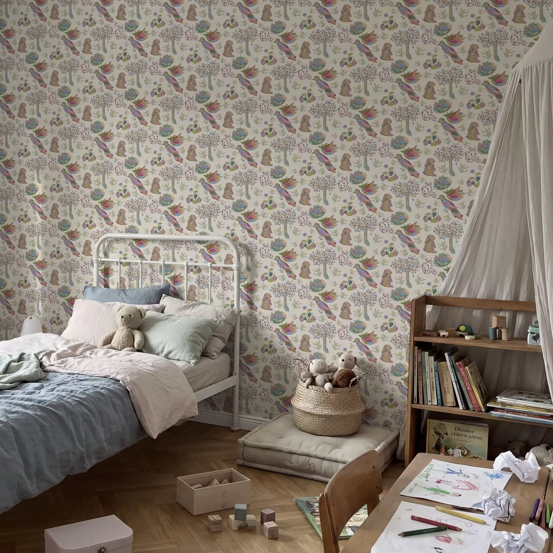 Fototapete Farbenfrohes Kindermuster mit Vögeln und Kaninchen a01127