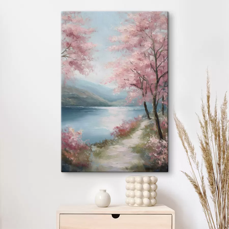 Wandbilder Landschaft mit rosa Bäumen im Ölstil s48289