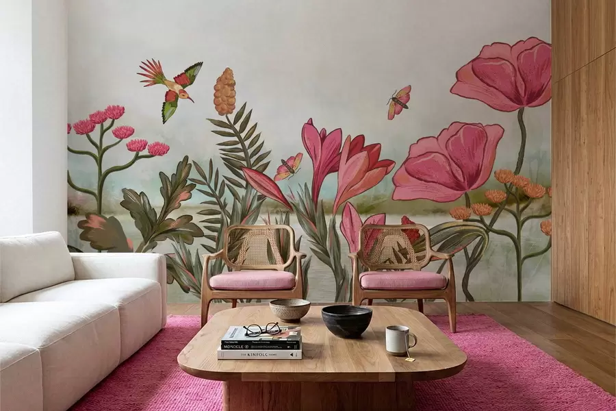 Fototapete Leuchtende Blumen mit Vögeln und Schmetterlingen w05321