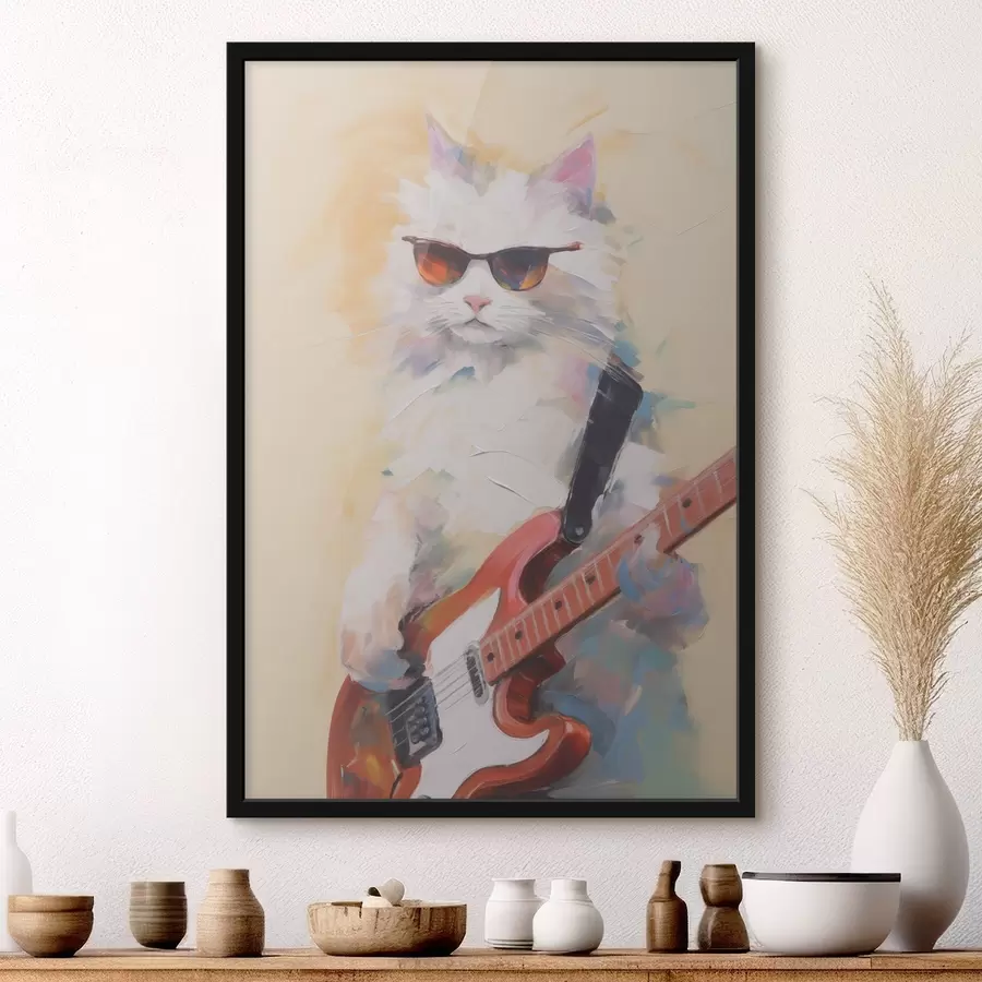 Fototapete Katze mit Gitarre – Imitationsgemälde f48274