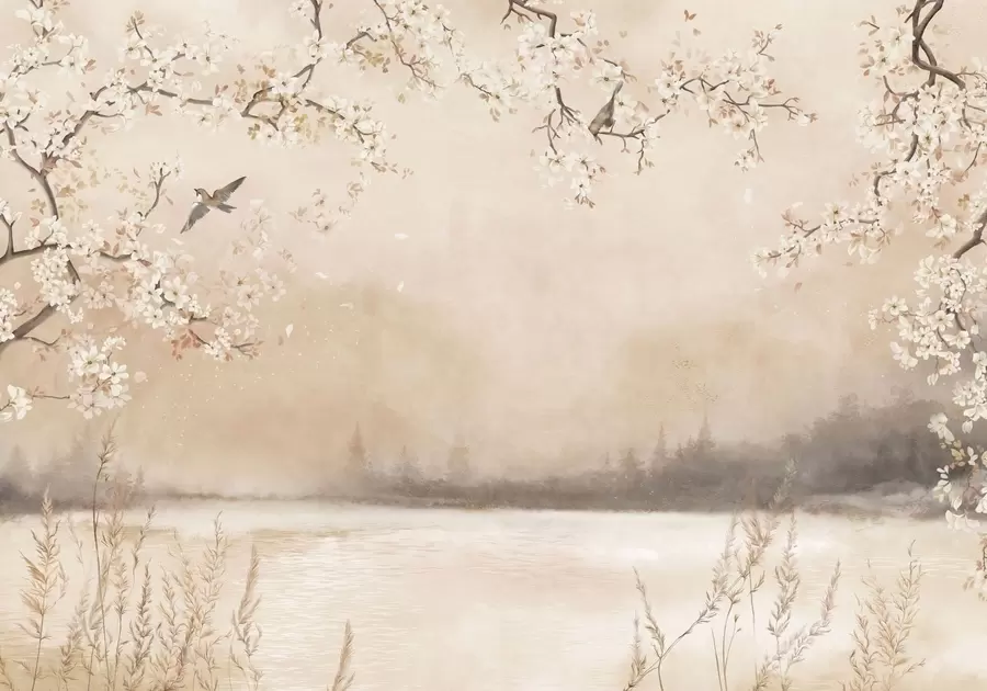 Fototapete Zarte blühende Zweige am See mit Vögeln im leichten Nebel w05155