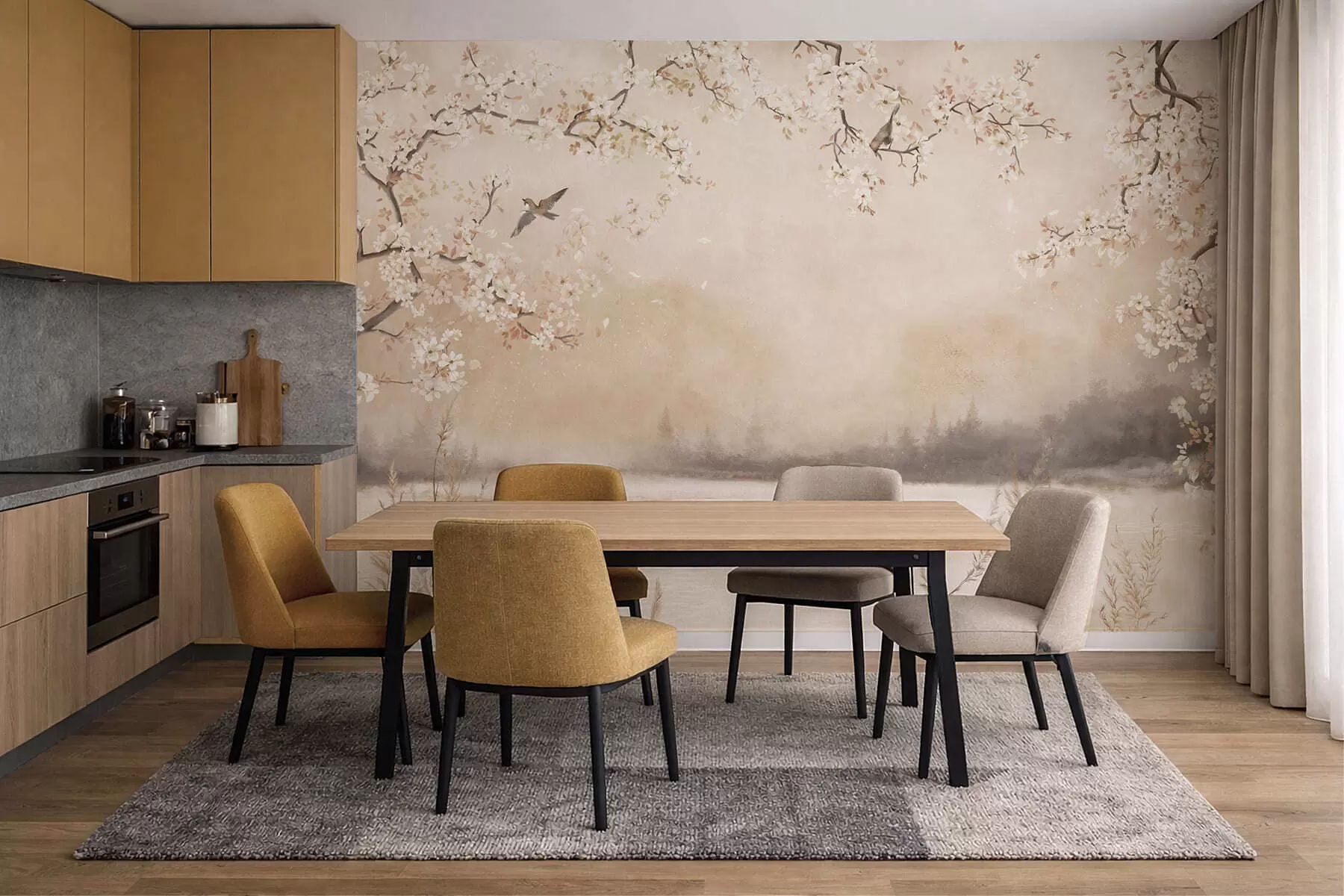 Fototapete Zarte blühende Zweige am See mit Vögeln im leichten Nebel w05155