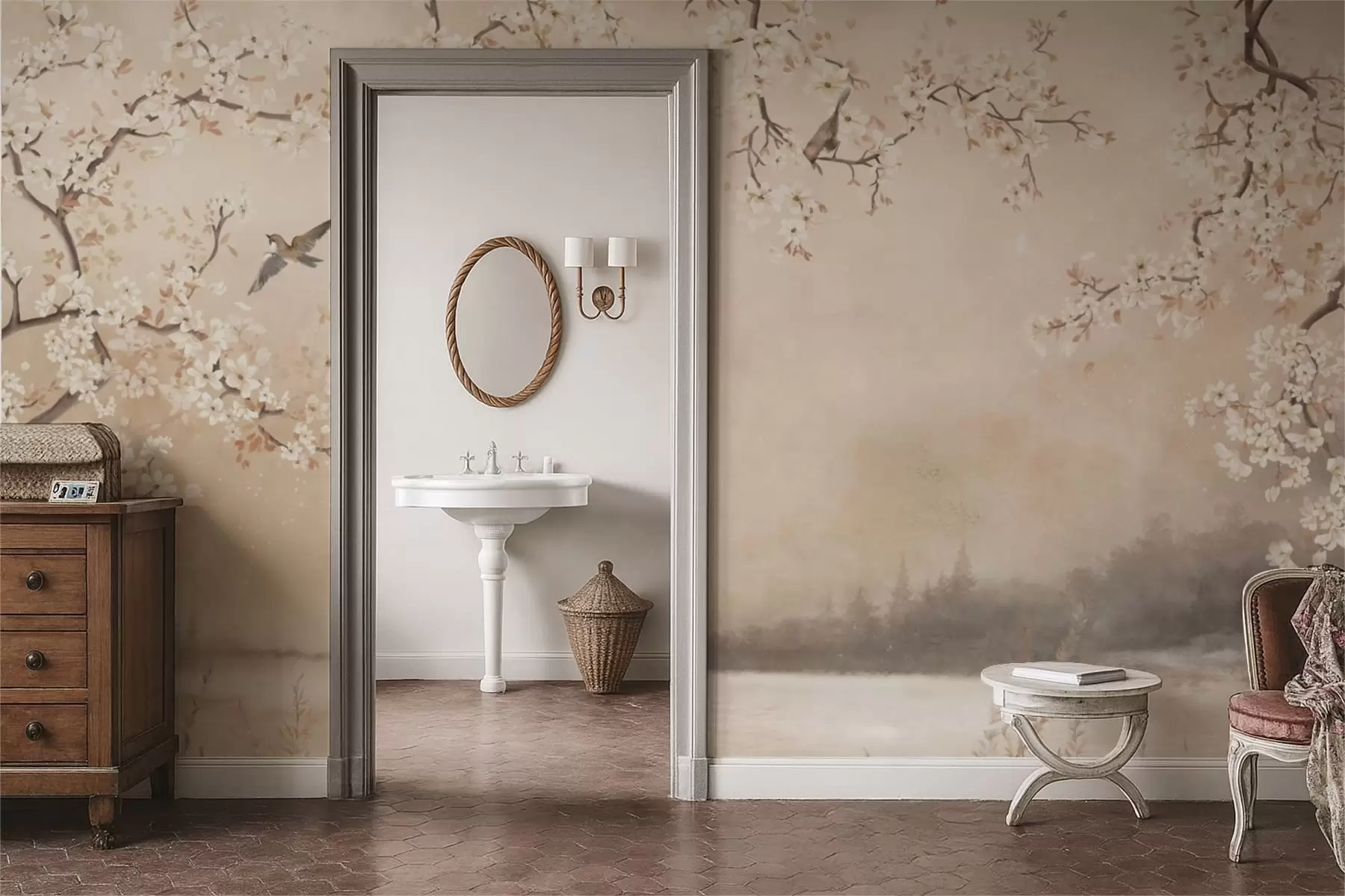 Fototapete Zarte blühende Zweige am See mit Vögeln im leichten Nebel w05155