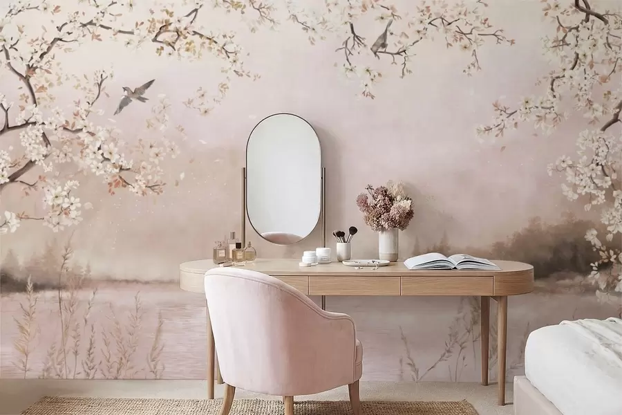 Fototapete Blühende Zweige über einem ruhigen See mit Vögeln im Nebel w05155v1