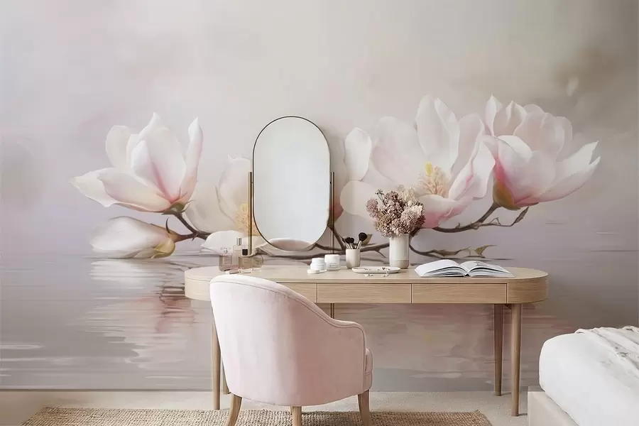 Fototapete Magnolienzweig mit Blüten über ruhigem Wasserreflex w05353v1
