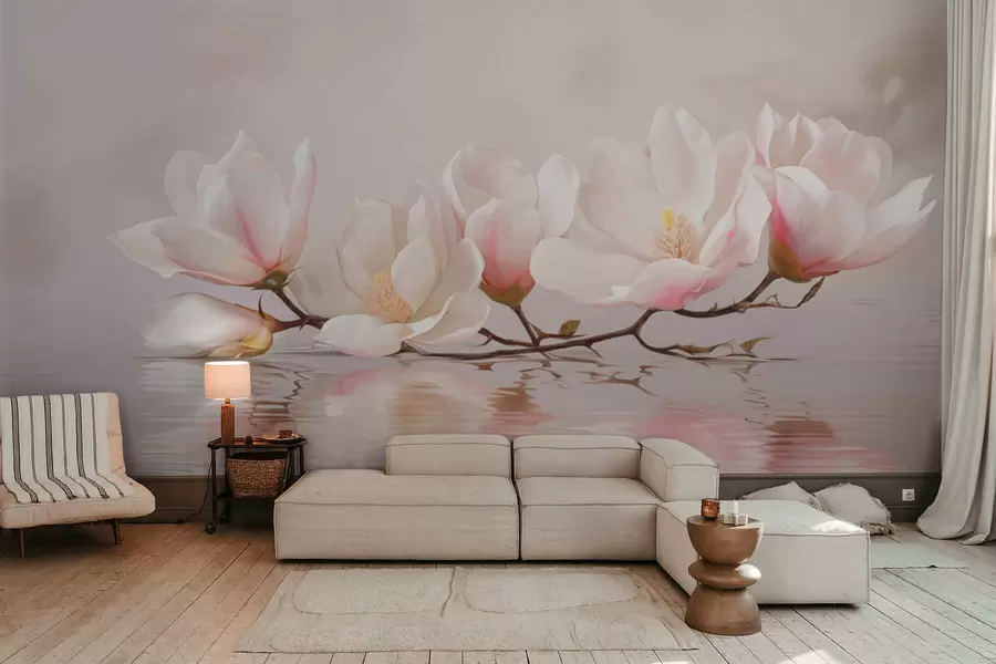 Fototapete Magnolienzweig mit Blüten über ruhigem Wasserreflex w05353v1