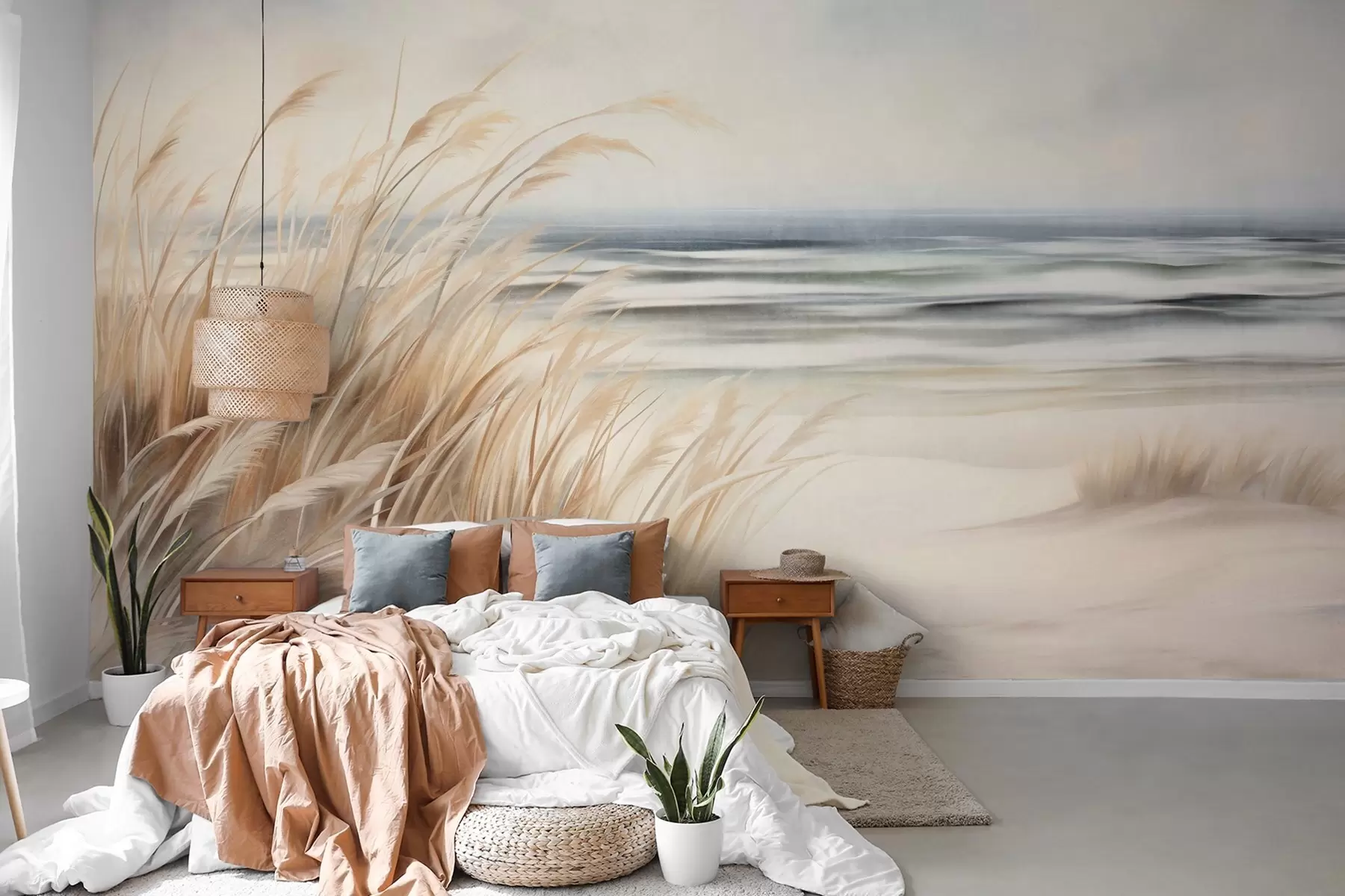Fototapete Strukturierte Landschaft mit trockenem Gras an einem Sandstrand, mit dem Meer und dem Himmel im Hintergrund w09739
