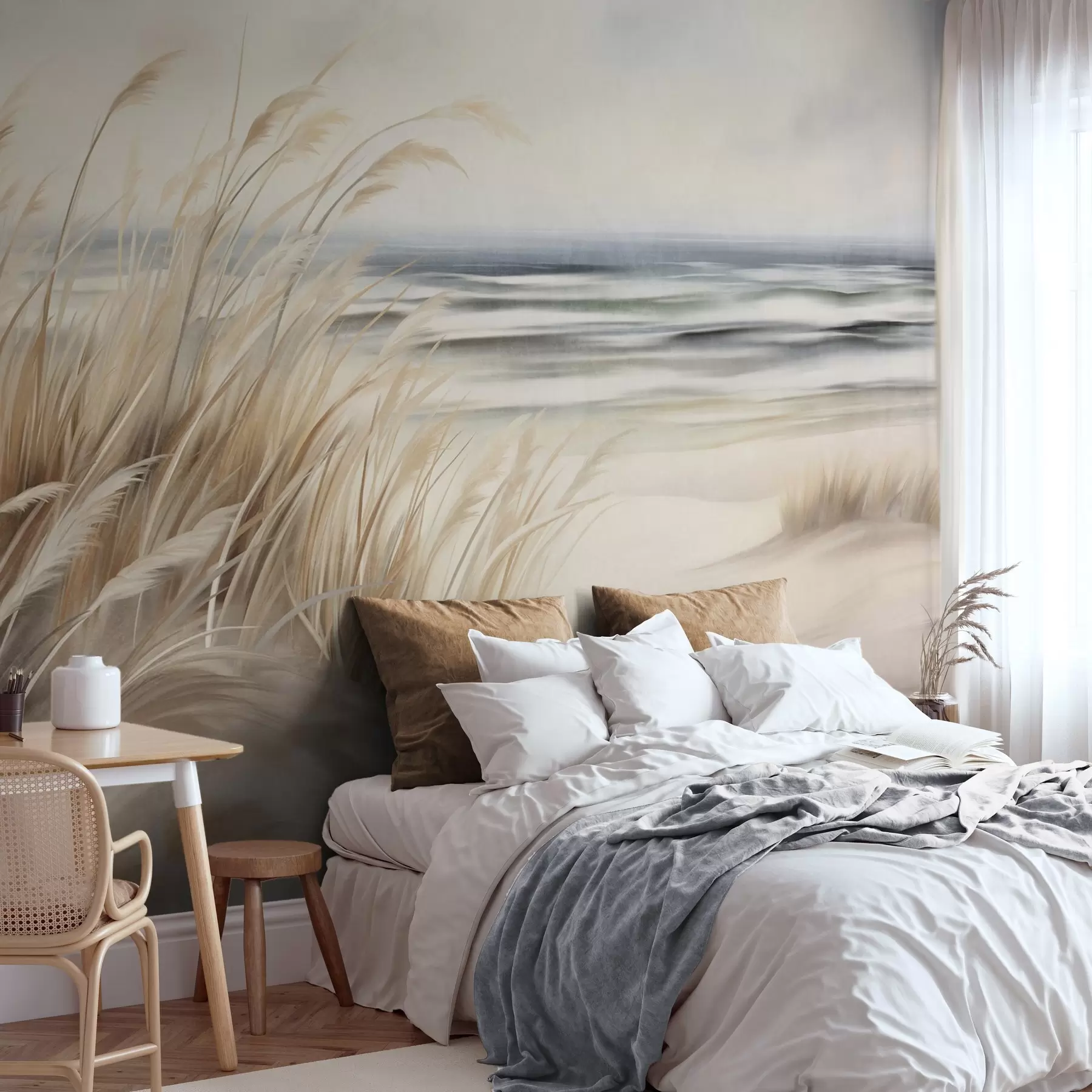 Fototapete Strukturierte Landschaft mit trockenem Gras an einem Sandstrand, mit dem Meer und dem Himmel im Hintergrund w09739