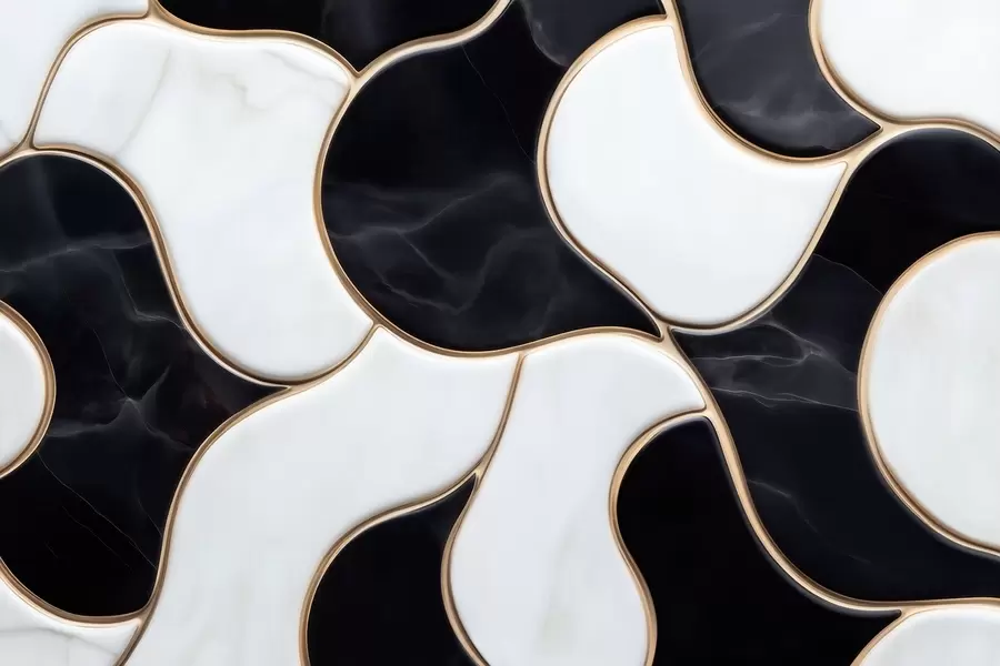 Fototapete Abstrakte Nachahmung einer Marmorkomposition in Schwarz- und Weißtönen mit gelben Linien w09733