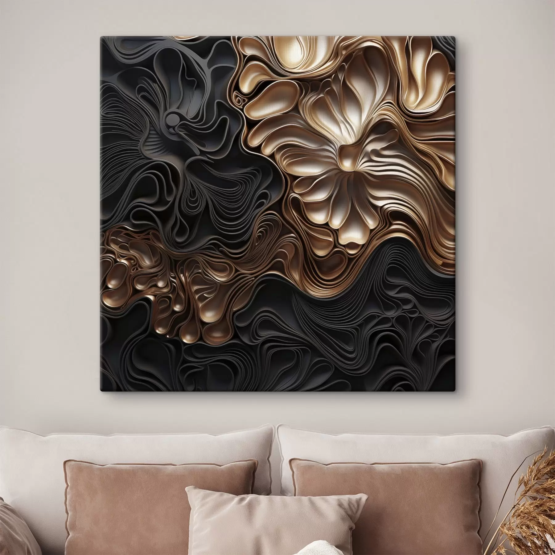 Wandbilder Abstrakte, fließende, organische dunkle Formen, die ein strukturiertes Werk der modernen Kunst bilden s48383