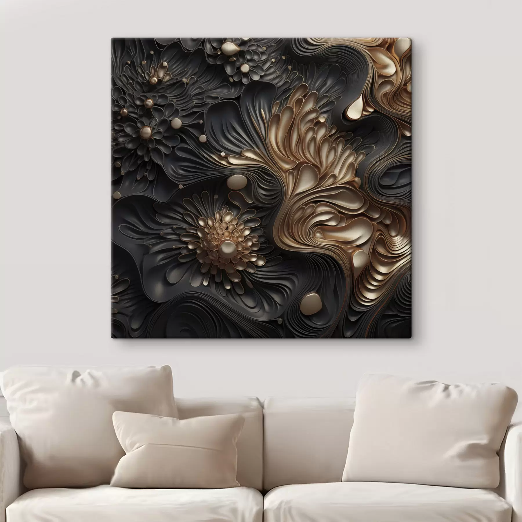 Wandbilder Abstrakte, fließende, organische dunkle Formen, die ein strukturiertes Werk der modernen Kunst bilden s48384