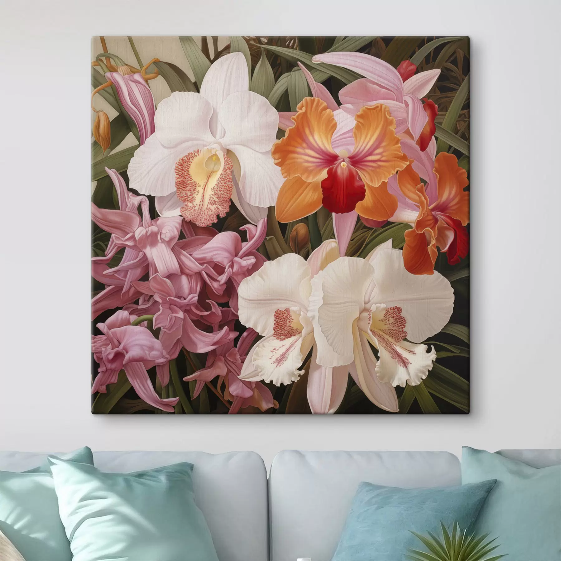 Wandbilder Ein Strauß tropischer Blumen, Orchideen mit grünem Laub im Hintergrund s48385