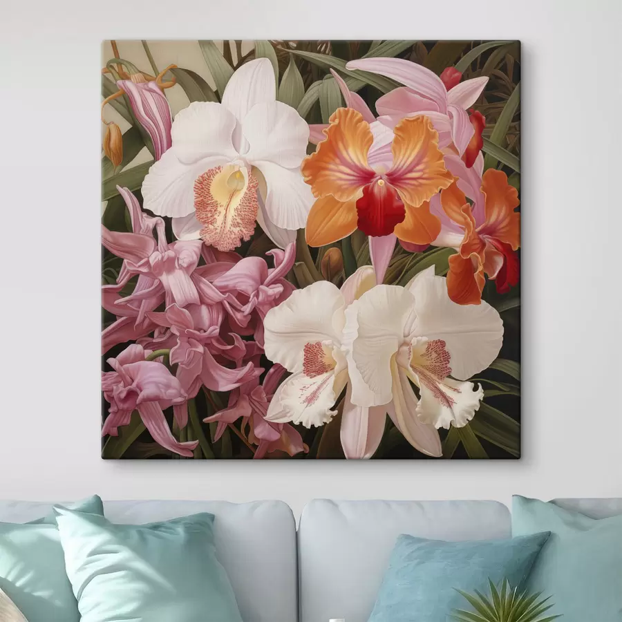 Wandbilder Ein Strauß tropischer Blumen, Orchideen mit grünem Laub im Hintergrund s48385