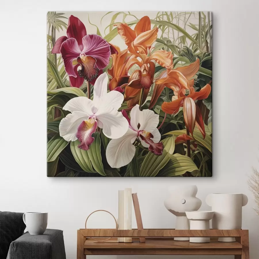 Wandbilder Ein Strauß tropischer Blumen, Orchideen mit grünem Laub im Hintergrund s48386