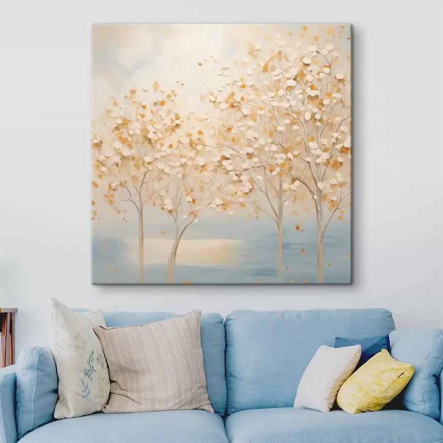 Wandbilder Ein strukturierter Malstil, der Bäume mit weißen und gelben Blättern vor einem hellblauen Hintergrund zeigt s48392