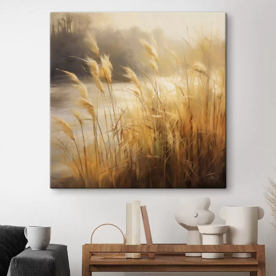 Wandbilder Im Vordergrund hohes, trockenes Gras mit Ährchen, im Hintergrund ein See und Bäume s48394