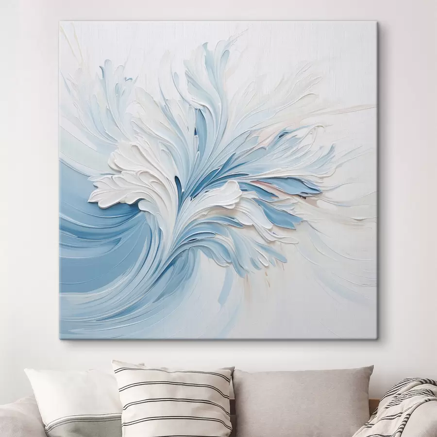 Wandbilder Ein abstraktes Blumenmuster in Weiß und Hellblau mit strukturierten Blütenblättern und geschwungenen Linien s48395
