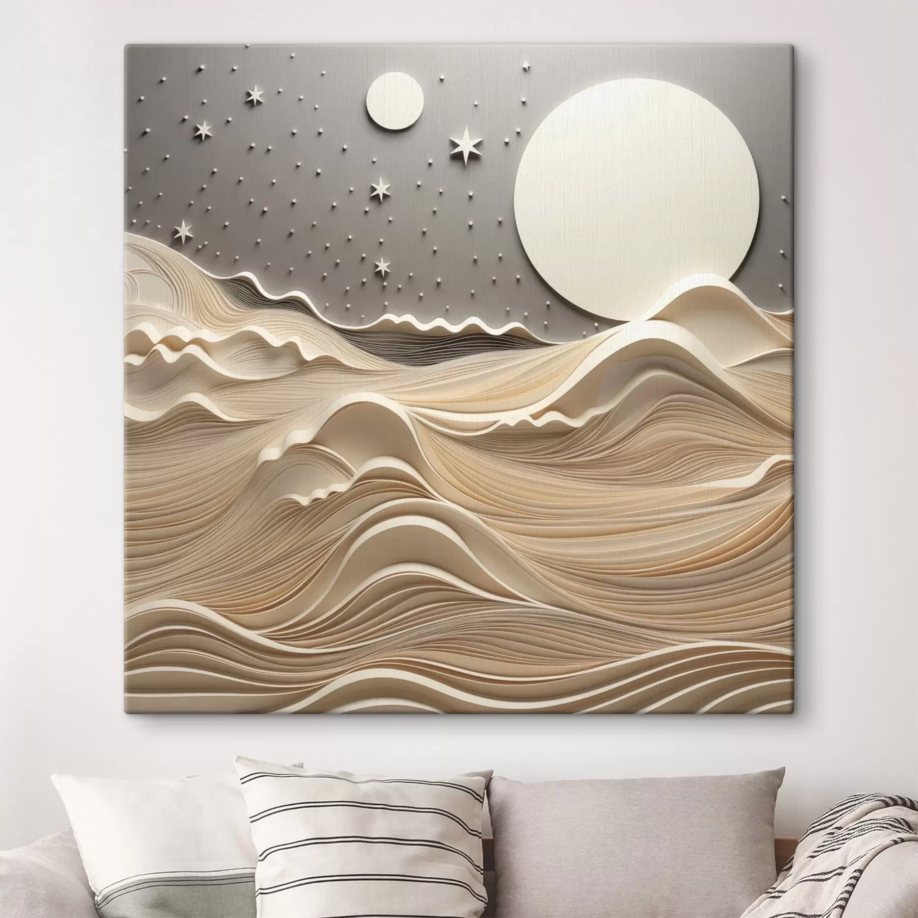 Wandbilder Eine minimalistisch stilisierte Landschaft mit sanften Hügeln und einem großen Mond am Sternenhimmel, abstrakte Kunst s48401