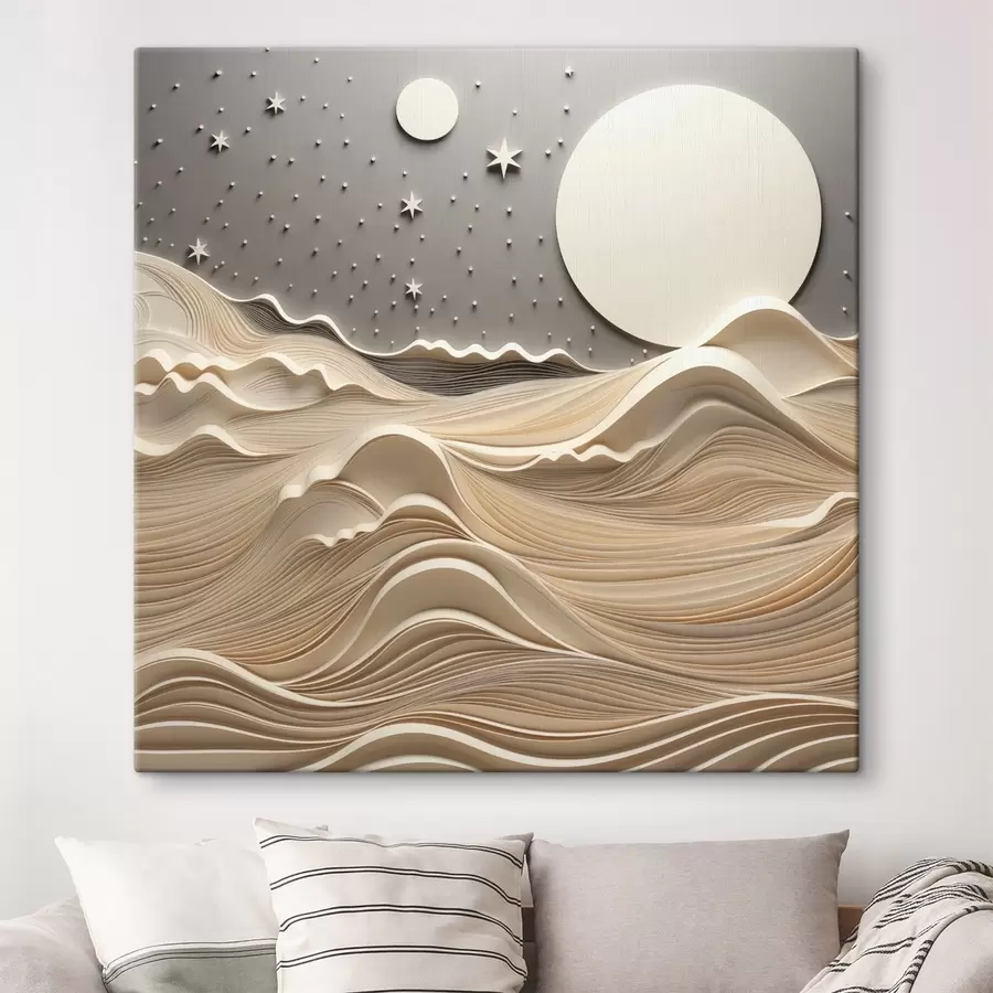 Wandbilder Eine minimalistisch stilisierte Landschaft mit sanften Hügeln und einem großen Mond am Sternenhimmel, abstrakte Kunst s48401