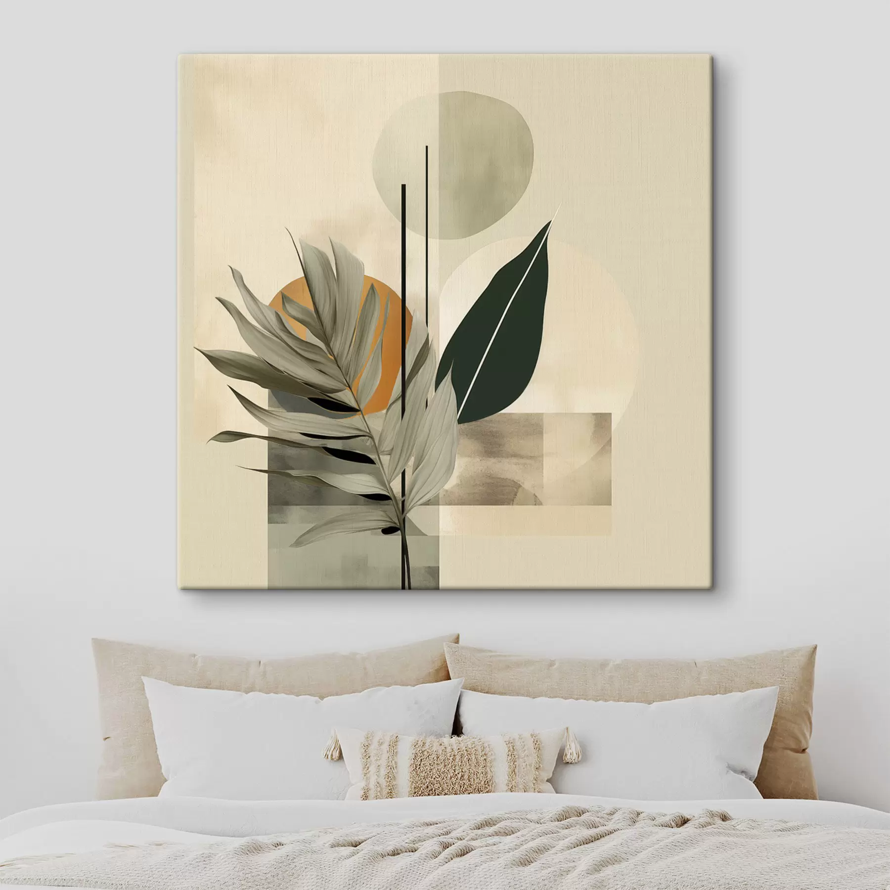 Wandbilder Eine dunkelgrüne Pflanze mit abstrakten geometrischen Formen und Aquarellstrukturen in Beige und Grün s48410