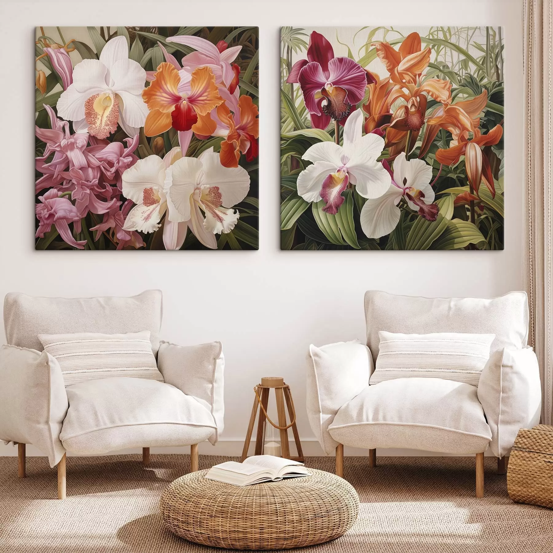 Wandbilder Ein Strauß tropischer Blumen, Orchideen mit grünem Laub im Hintergrund m30197