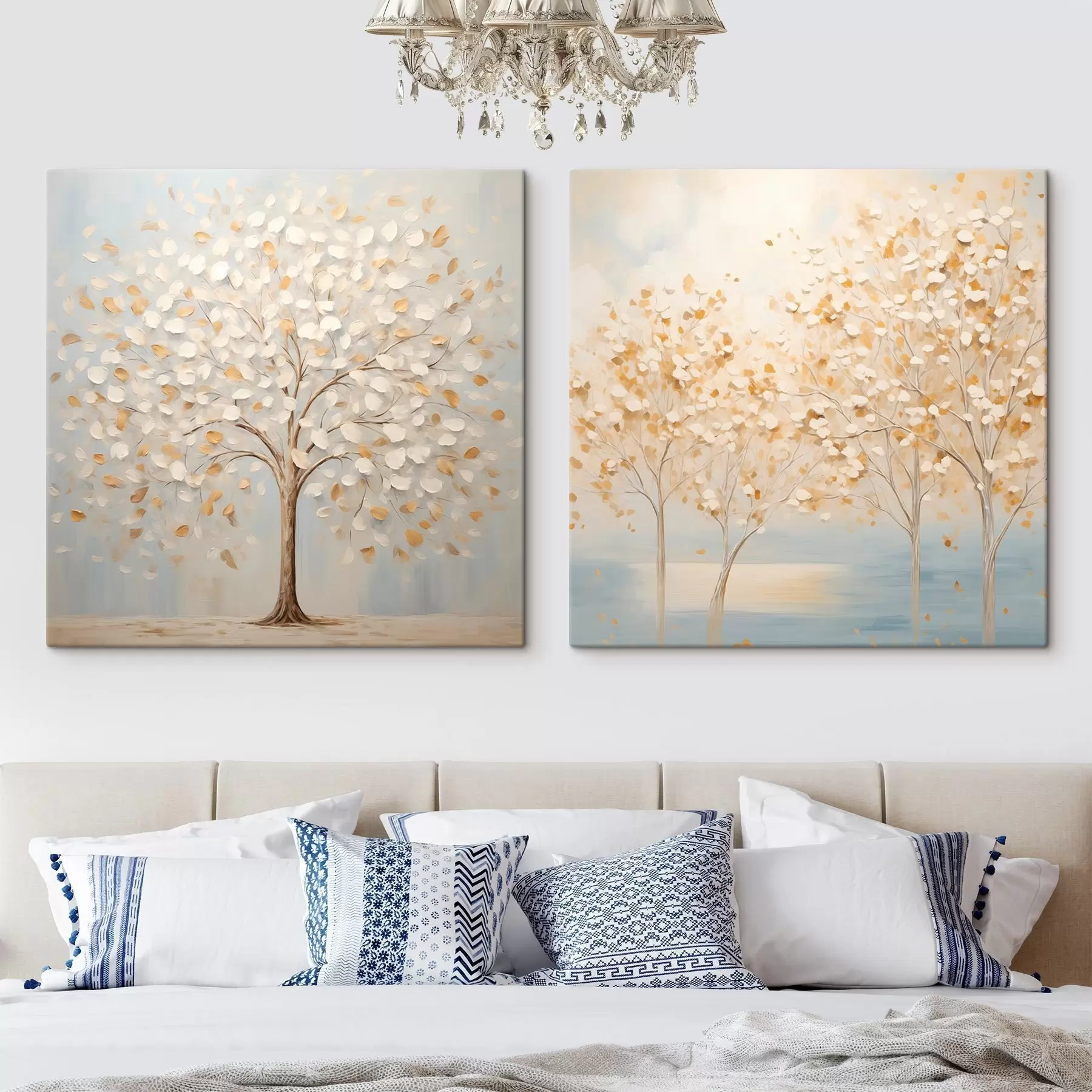 Wandbilder Ein strukturierter Malstil, der Bäume mit weißen und gelben Blättern vor einem hellblauen Hintergrund zeigt m30200
