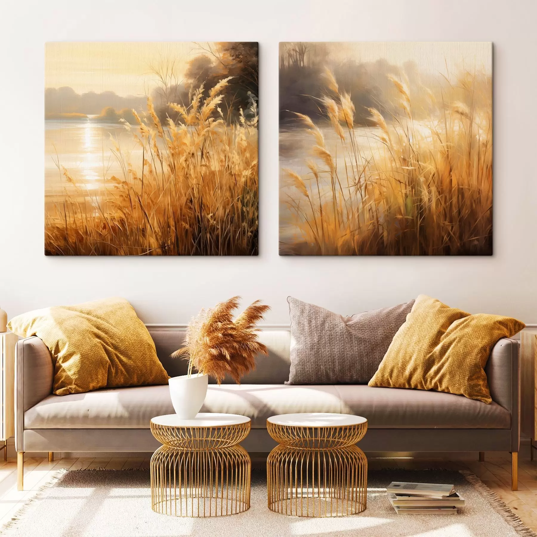Wandbilder Im Vordergrund hohes, trockenes Gras mit Ährchen, im Hintergrund ein See und Bäume m30201