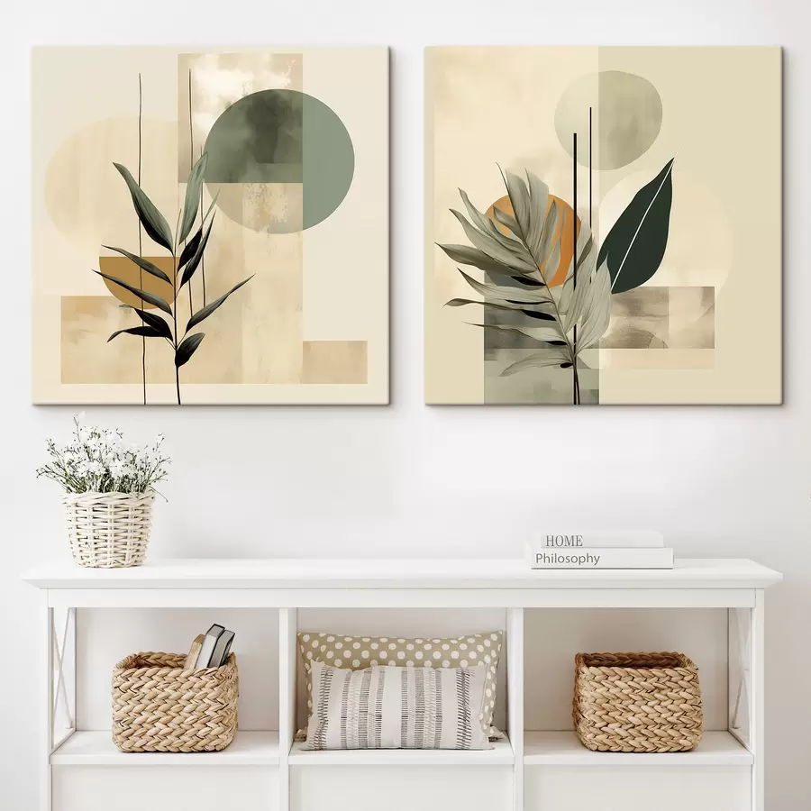 Fototapete Eine dunkelgrüne Pflanze mit abstrakten geometrischen Formen und Aquarellstrukturen in Beige und Grün m30209