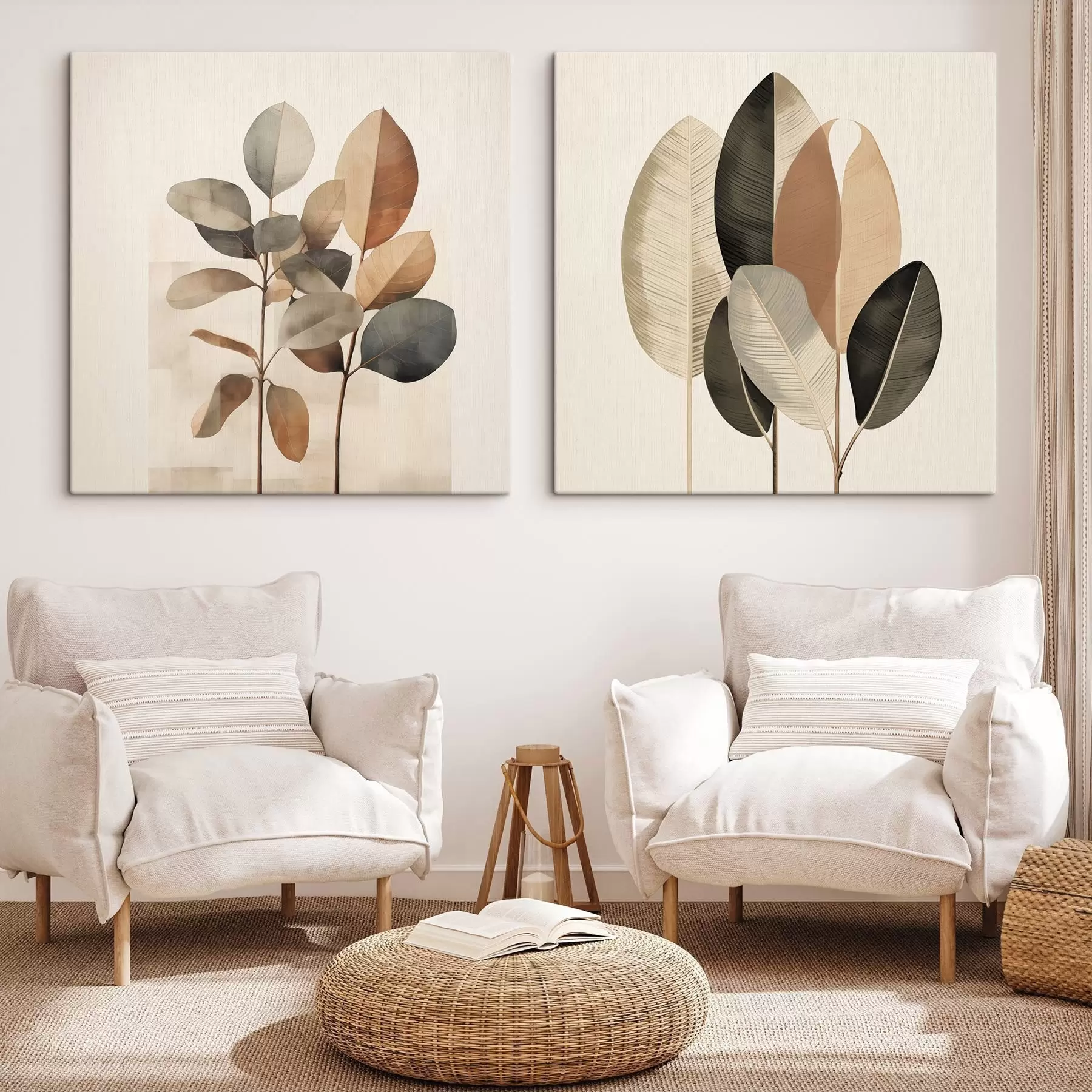 Wandbilder Hohe Pflanzen mit ovalen Blättern in gedeckten Farbtönen und abstrakten rechteckigen Formen m30211